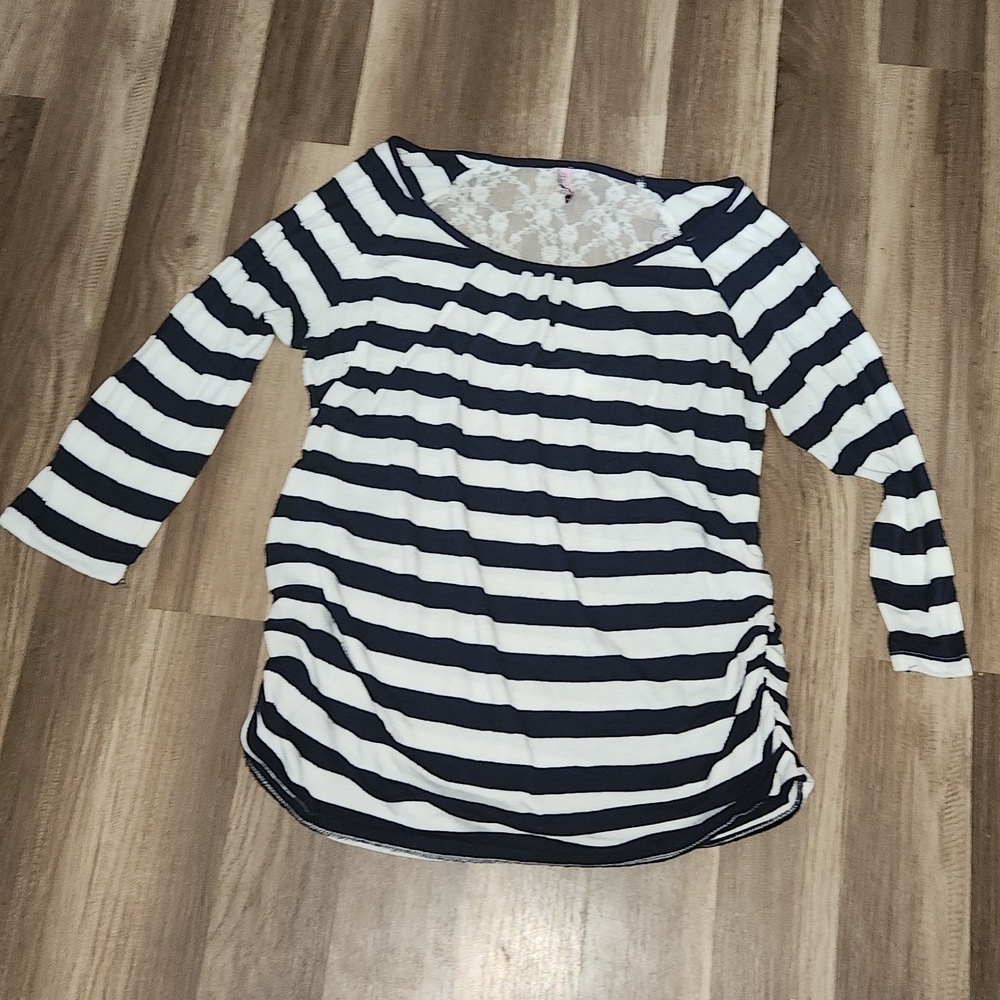Mom's The Word Longsleeve Blue and White Striped Top With Lace Back Size XL